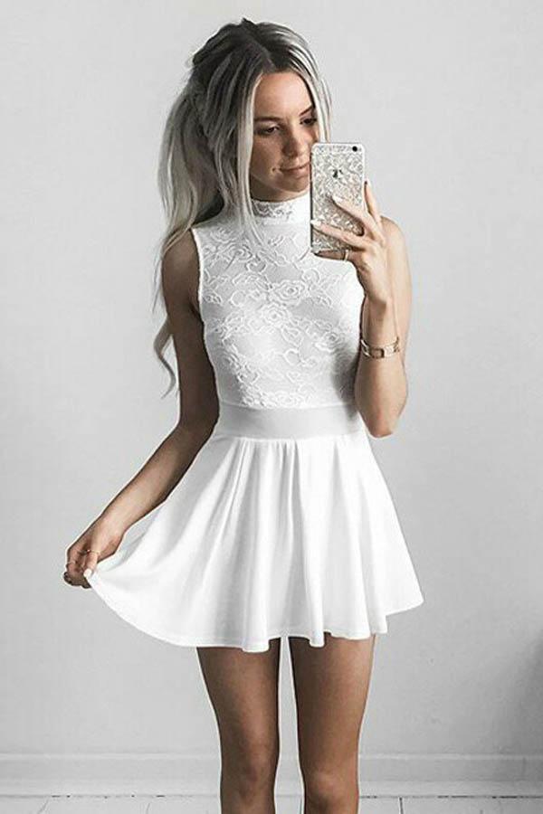 Vestido de fiesta blanco de gasa con cuello alto y corte en A con encaje PD011
