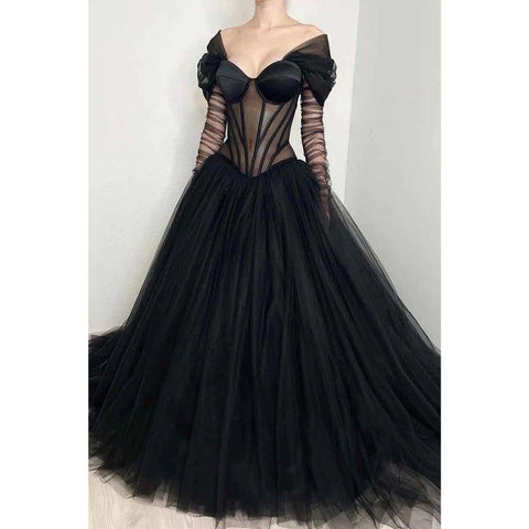 Vestidos de noche largos de gala de tul negro con corte ilusión y línea A 