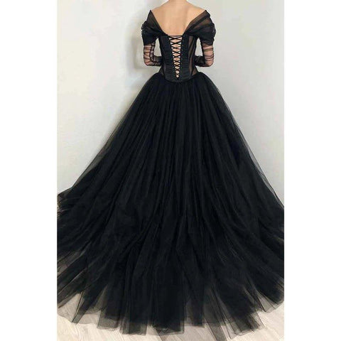 Vestidos de noche largos de gala de tul negro con corte ilusión y línea A 