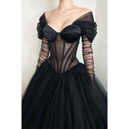 Vestidos de noche largos de gala de tul negro con corte ilusión y línea A 