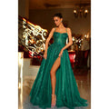 Vestido largo de fiesta brillante con escote ilusión en V, apliques y abertura alta, corte en A