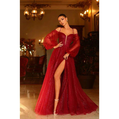 Vestido de fiesta formal brillante de corte A, escote ilusión en V, mangas largas y abertura, con escote en V y abertura. 