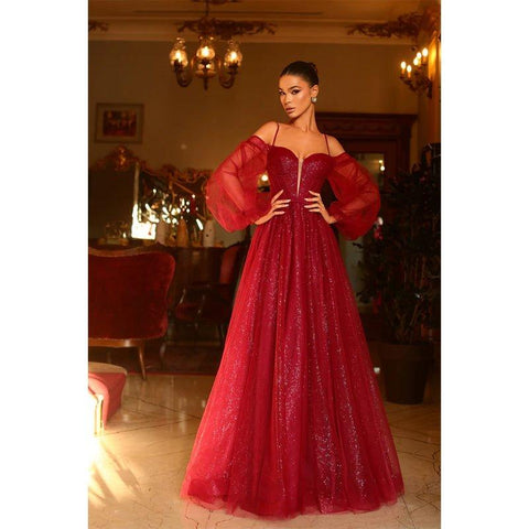 Vestido de fiesta formal brillante de corte A, escote ilusión en V, mangas largas y abertura, con escote en V y abertura. 