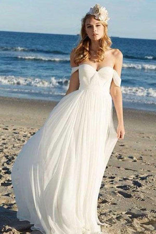 Vestidos de novia de verano para la playa, corte A, gasa color marfil, hombros descubiertos WD286
