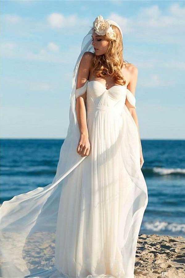 Vestidos de novia de verano para la playa, corte A, gasa color marfil, hombros descubiertos WD286