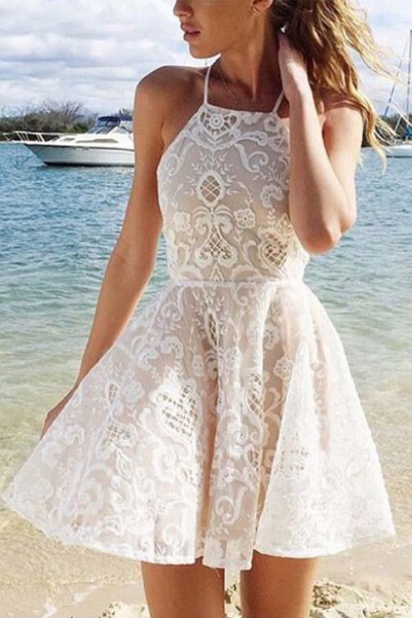 Vestido de fiesta de bienvenida sin mangas, corte en A, color marfil, con tirantes cruzados y encaje (PD015)