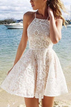 Vestido de fiesta de bienvenida sin mangas, corte en A, color marfil, con tirantes cruzados y encaje (PD015)