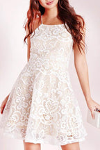 Vestido de fiesta de bienvenida sin mangas, corte en A, color marfil, con tirantes cruzados y encaje (PD015)