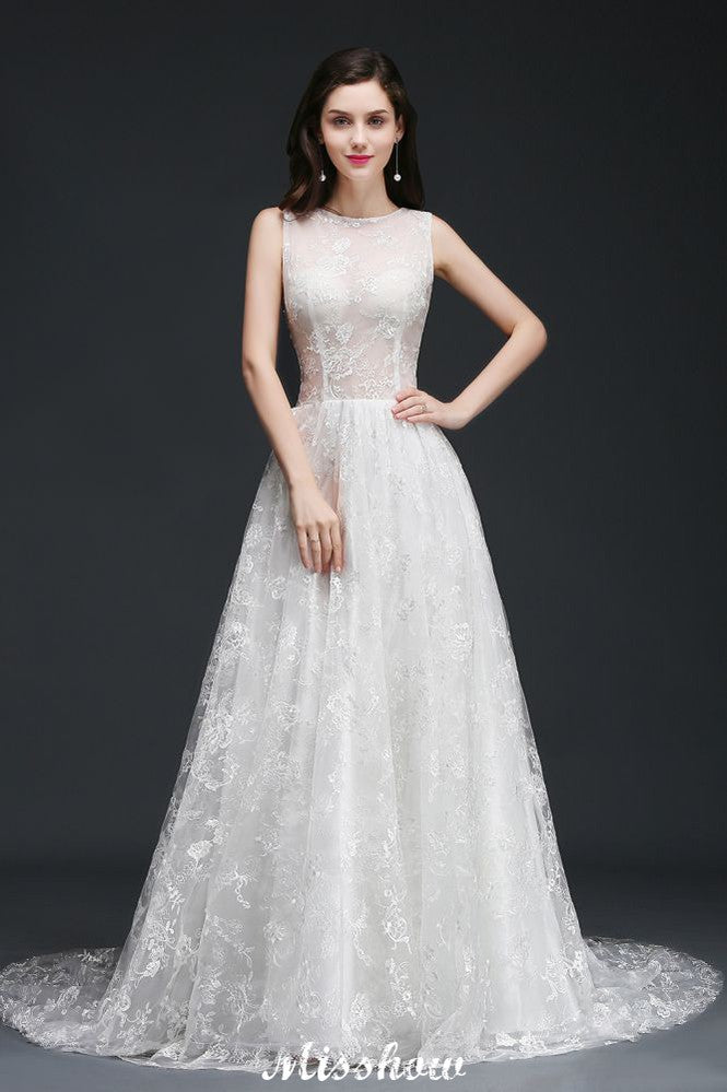 Vestidos de novia sencillos de corte A, con cola de corte joya, encaje y botones.