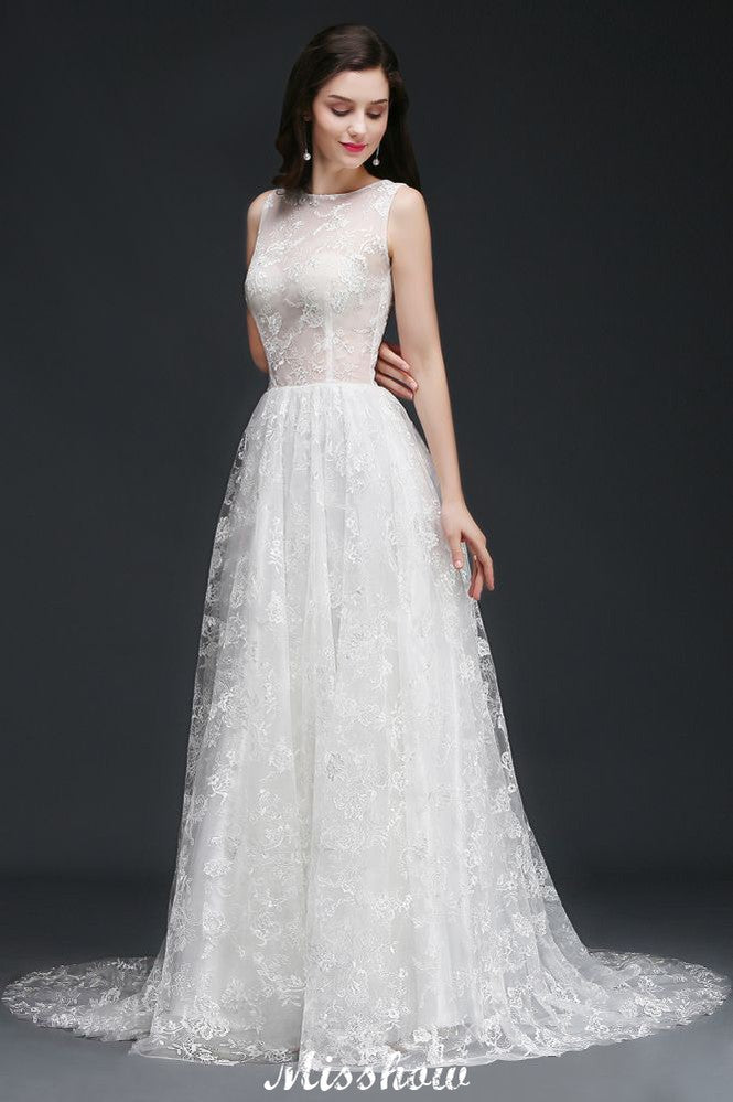 Vestidos de novia sencillos de corte A, con cola de corte joya, encaje y botones.