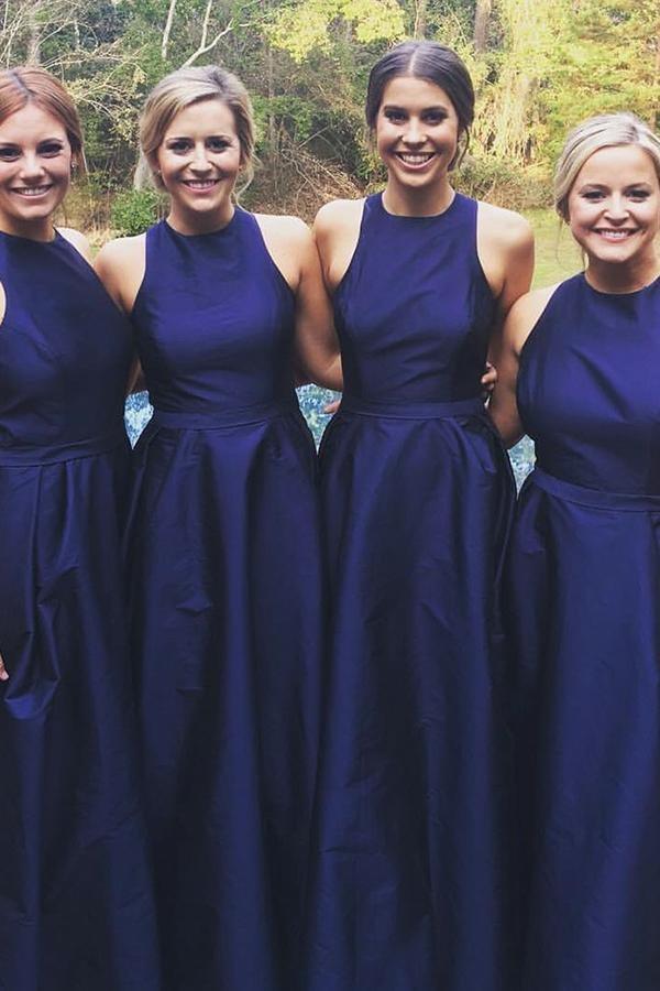 Vestido de dama de honor de satén azul marino sin mangas, corte línea A, largo hasta el suelo, con detalle de joyas BD054