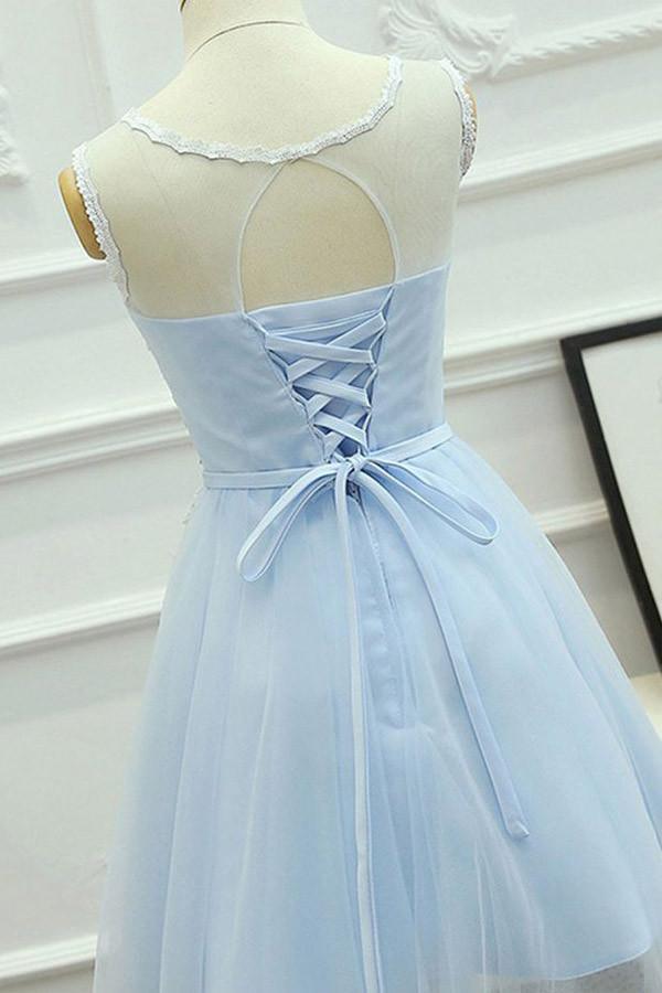 Vestido corto de tul azul con corte en A, estilo joya, para baile de bienvenida, con apliques de fajín PG121