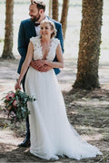 Vestido de novia de tul blanco con cola de barrido, corte línea A y apliques, modelo WD459