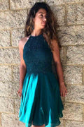 Vestido de fiesta de corte A, color turquesa joya, gasa, con encaje y cuentas PD226