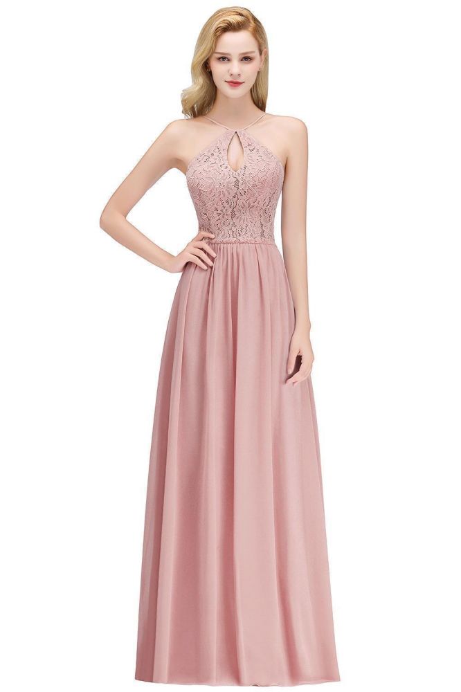 Vestido largo de dama de honor de tirantes finos con escote de ojo de cerradura y corte en A.