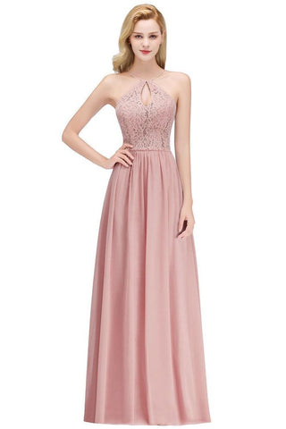 A-line Keyhole Neckline Lace Top Long Spaghetti Bridesmaid Dress