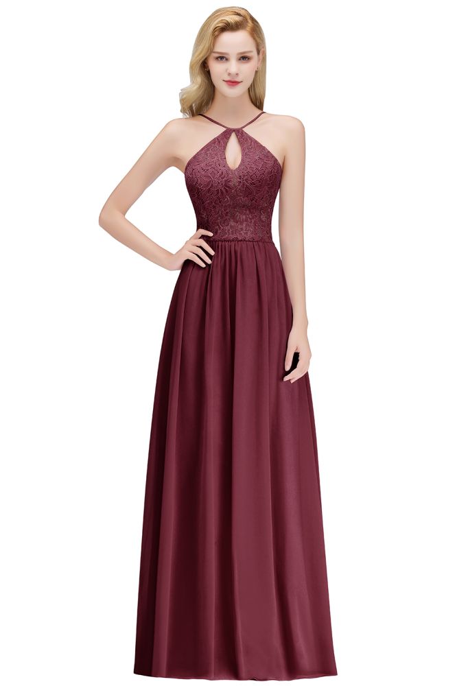 Vestido largo de dama de honor de tirantes finos con escote de ojo de cerradura y corte en A.