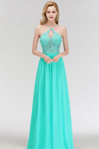 A-line Keyhole Neckline Lace Top Long Spaghetti Bridesmaid Dress