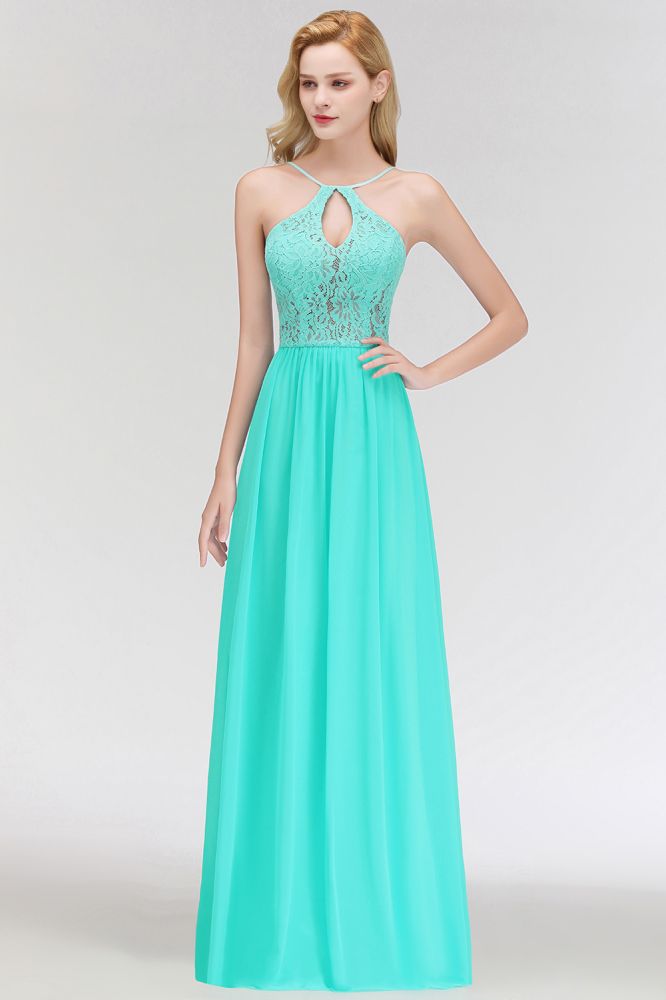 Vestido largo de dama de honor de tirantes finos con escote de ojo de cerradura y corte en A.