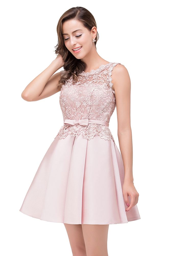 Vestido de fiesta de satén corte A hasta la rodilla con encaje