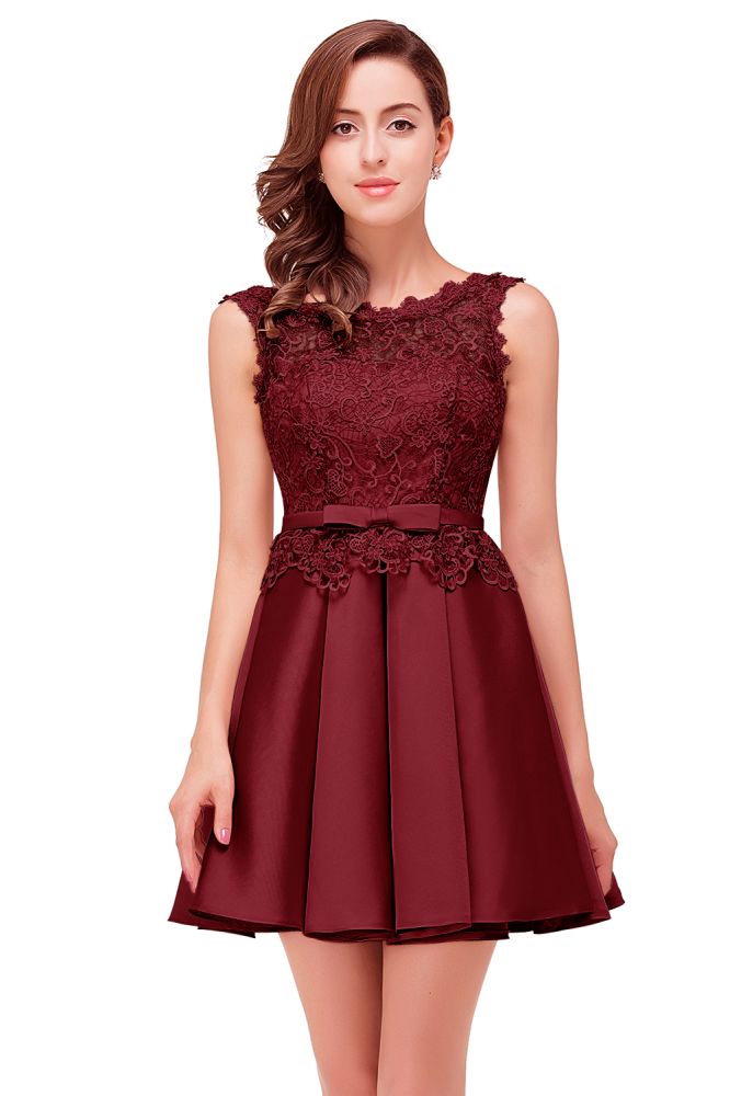 Vestido de fiesta de satén corte A hasta la rodilla con encaje