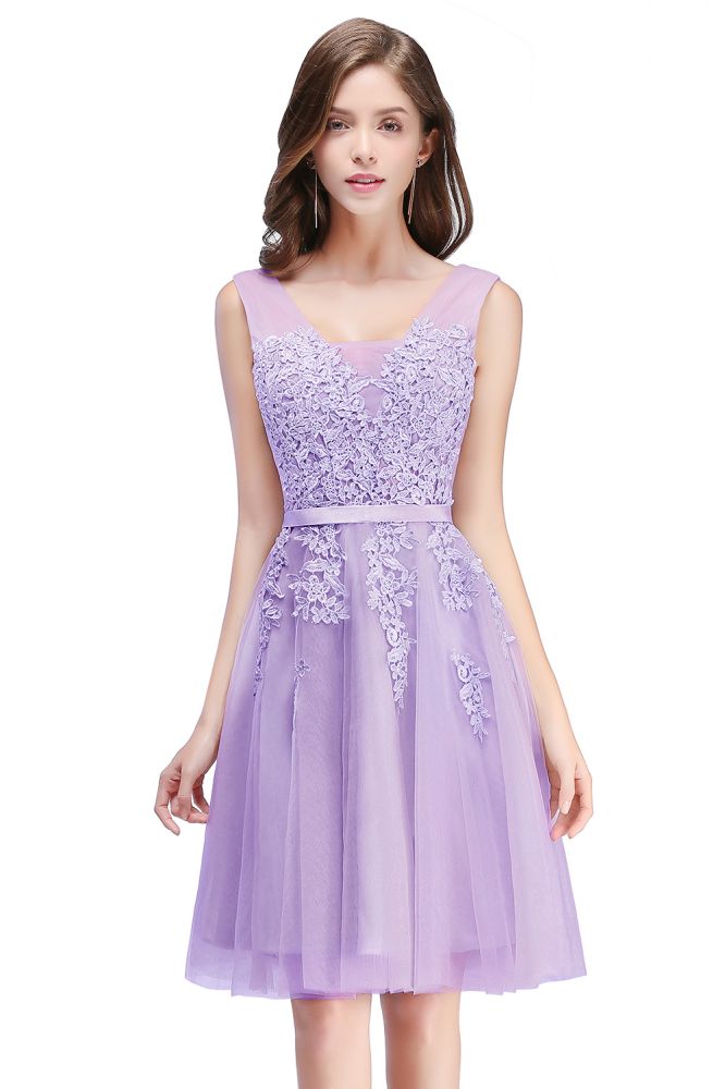 Vestido de graduación de tul hasta la rodilla, corte en A, con apliques
