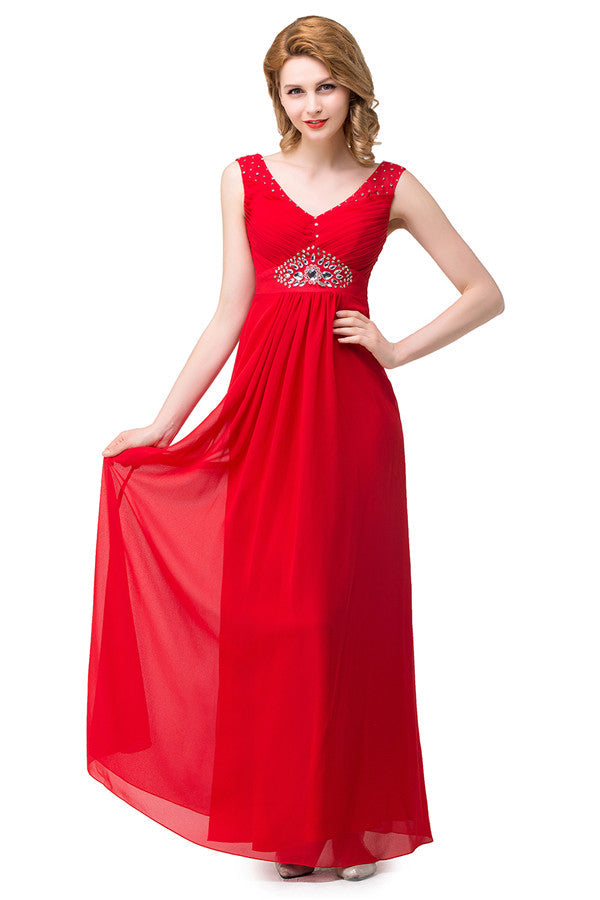 Vestidos de dama de honor rojos de corte A hasta la rodilla con escote en V