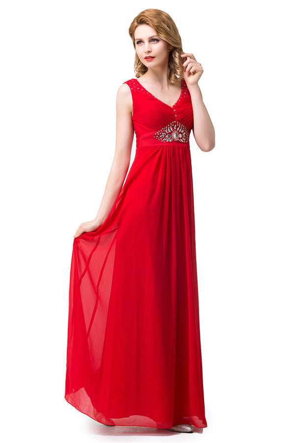 Vestidos de dama de honor rojos de corte A hasta la rodilla con escote en V