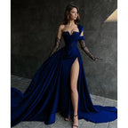 Vestido largo de fiesta negro de corte A con apliques de encaje y abertura alta
