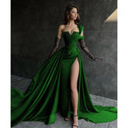 Vestido largo de fiesta negro de corte A con apliques de encaje y abertura alta
