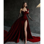 Vestido largo de fiesta negro de corte A con apliques de encaje y abertura alta