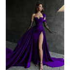 Vestido largo de fiesta negro de corte A con apliques de encaje y abertura alta