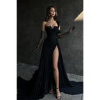 Vestido largo de fiesta negro de corte A con apliques de encaje y abertura alta