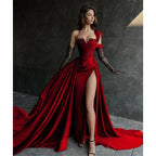 Vestido largo de fiesta negro de corte A con apliques de encaje y abertura alta