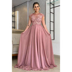 Vestido largo de corte A con apliques de encaje y mangas cortas para la madre de la novia 