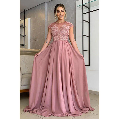 Vestido largo de corte A con apliques de encaje y mangas cortas para la madre de la novia 