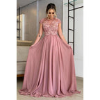 Vestido largo de corte A con apliques de encaje y mangas cortas para la madre de la novia 