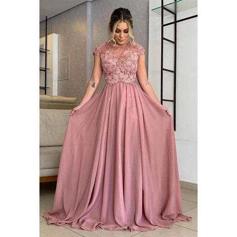 Vestido largo de corte A con apliques de encaje y mangas cortas para la madre de la novia 