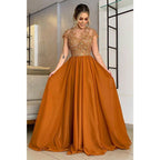 Vestido largo de corte A con apliques de encaje y mangas cortas para la madre de la novia 