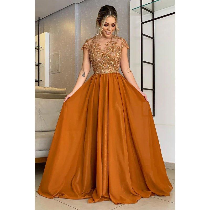 Vestido largo de corte A con apliques de encaje y mangas cortas para la madre de la novia 