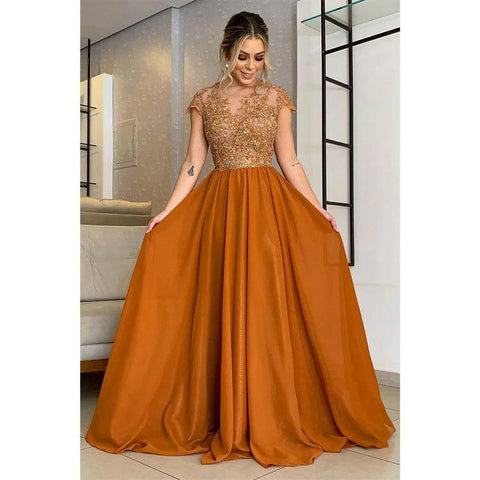 Vestido largo de corte A con apliques de encaje y mangas cortas para la madre de la novia 