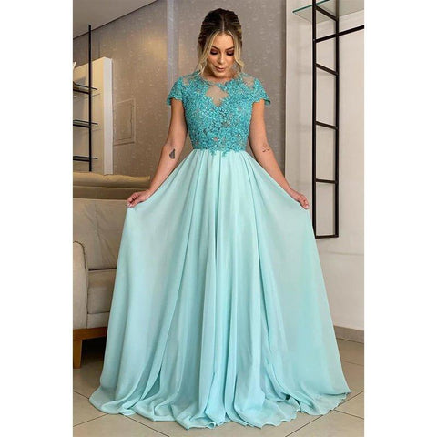 Vestido largo de corte A con apliques de encaje y mangas cortas para la madre de la novia 