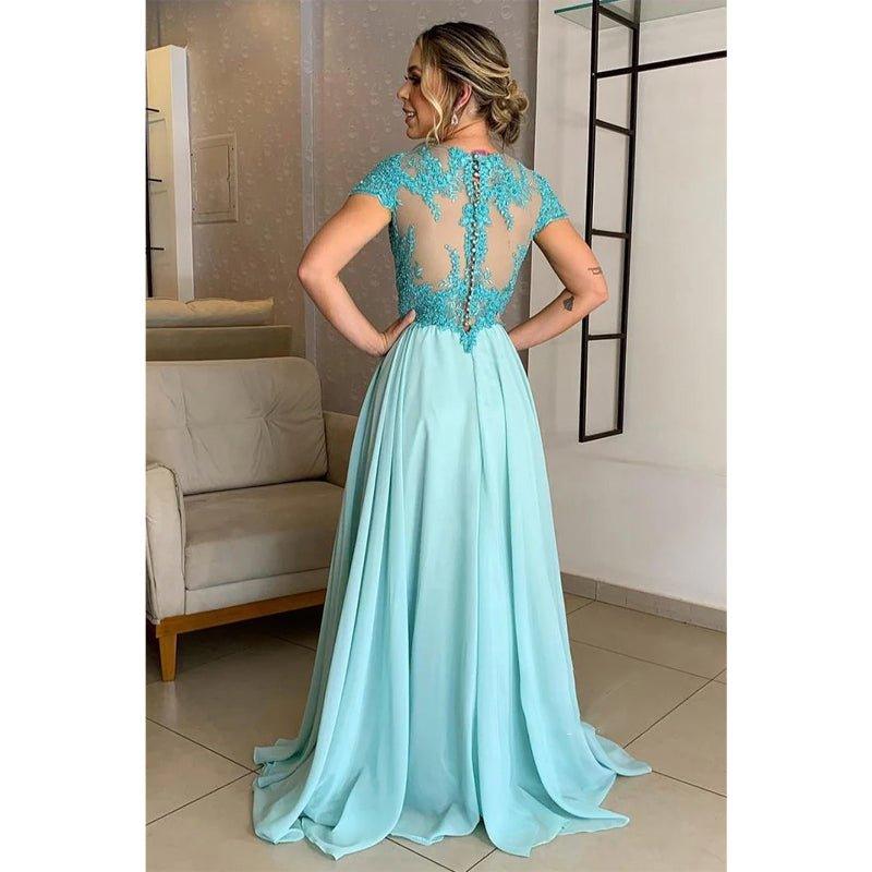 Vestido largo de corte A con apliques de encaje y mangas cortas para la madre de la novia 