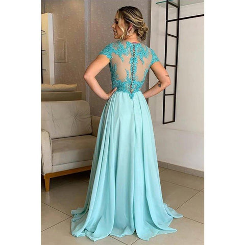 Vestido largo de corte A con apliques de encaje y mangas cortas para la madre de la novia 