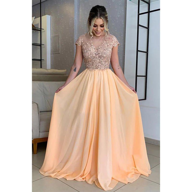 Vestido largo de corte A con apliques de encaje y mangas cortas para la madre de la novia 