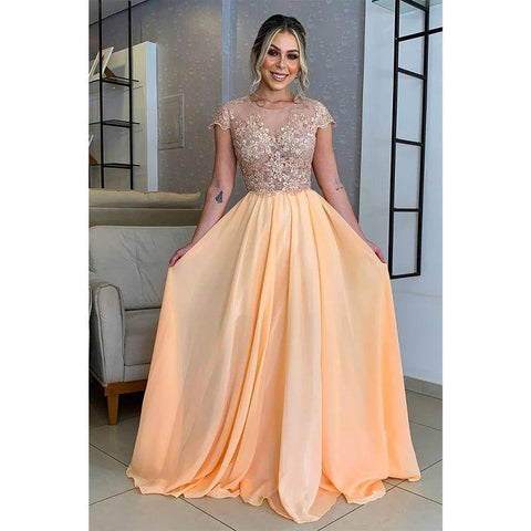 Vestido largo de corte A con apliques de encaje y mangas cortas para la madre de la novia 