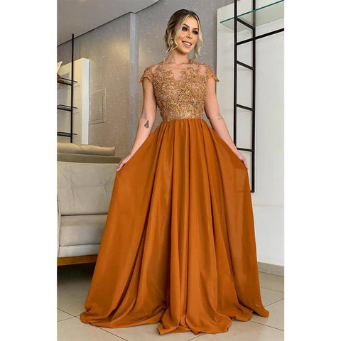 Vestido largo de corte A con apliques de encaje y mangas cortas para la madre de la novia 