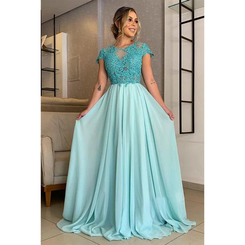 Vestido largo de corte A con apliques de encaje y mangas cortas para la madre de la novia 
