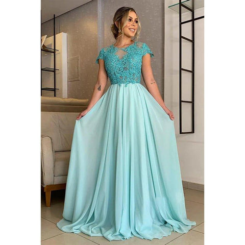 Vestido largo de corte A con apliques de encaje y mangas cortas para la madre de la novia 