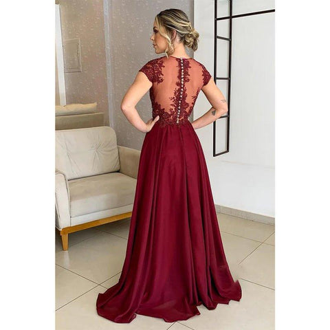 Vestido largo de corte A con apliques de encaje y mangas cortas para la madre de la novia 